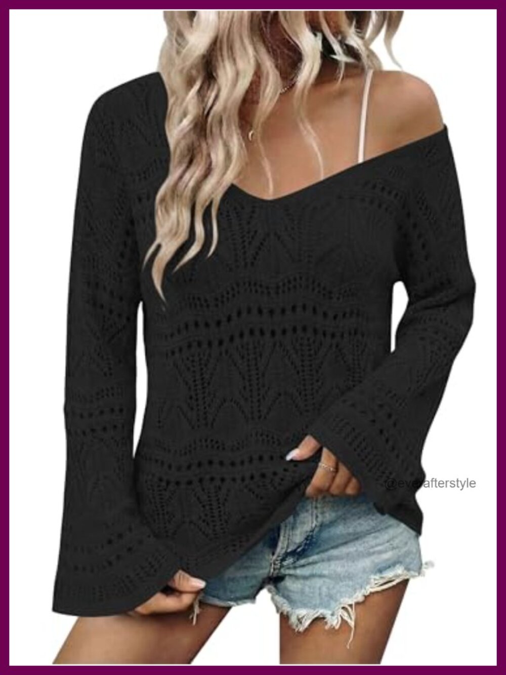Boho Off Shoulder Crochet Knit Sweater Top Flared Sleeve